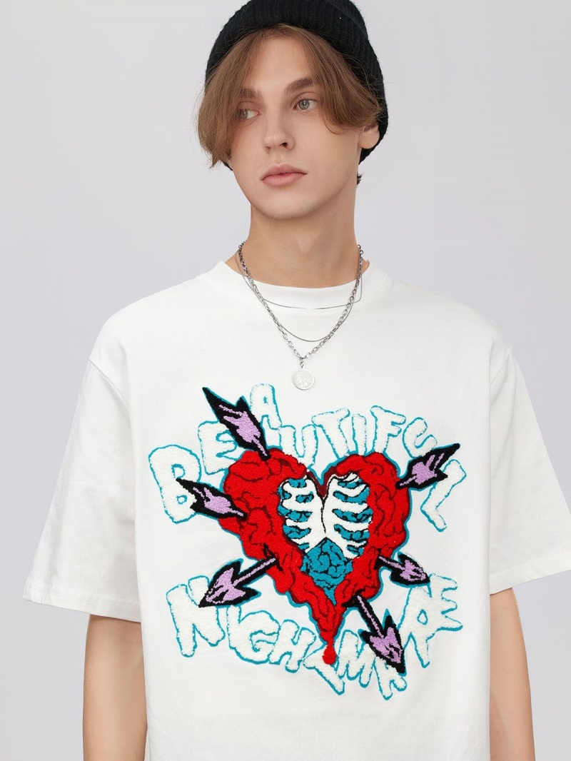 T Shirts Aelfric Eden Heart-shaped Embroidery Print Tee Blanche | JAA-33285024